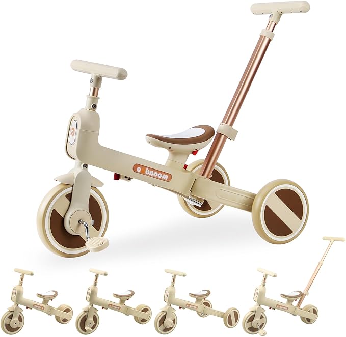 WEEROCK 6 in 1 Foldable Toddler Tricycle Kid Tricycles with/Without Parent Steering Push Handle Boys Girls Balance Bike for 1-6 Years Old Toy Gift, Beige