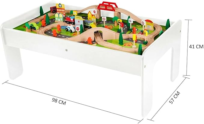 Wooden Train Set with Table 90 Pieces Wooden Kids Activity Toy Table Playset with Reversible Detachable Tabletop, Tracks, Train, Railway, City, Gift for Toddler Boys Girls Ages 3+