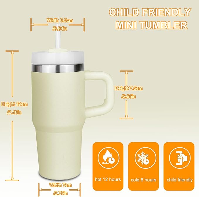 14 oz Tumbler with Lid and Straw Kids, Mini Tumbler for Kid with Handle Stainless Steel Tumblers, Outdoor Sports Travel School Gift, Keeps Drinks Cold up to 24 Hrs(Cream)