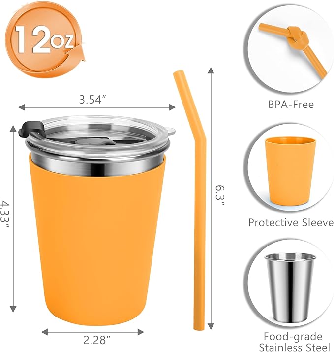 Kids Cups with Straws and Lids Leak Proof, 12oz Sippy Cups for Toddlers 1-3, 4 Pack Spill Proof Cup Stainless Steel Kids Cups with Lids for School, Outdoor
