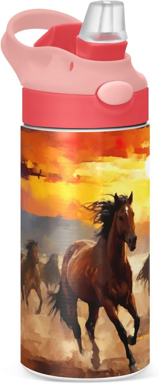 Kigai Black & White Cow Print Kids Water Bottle with Straw Lid, Vacuum Insulated Stainless Steel Double Walled Leakproof Tumbler Travel Cup for Girls Boys Toddlers, 12 oz