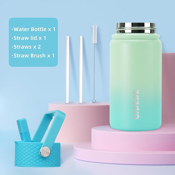 BJPKPK Insulated Water Bottle with Straw Lid, 15 oz Stainless Steel Metal Water Bottles, Reusable Leak Proof BPA Free Thermo, Flask, Cups - Mint