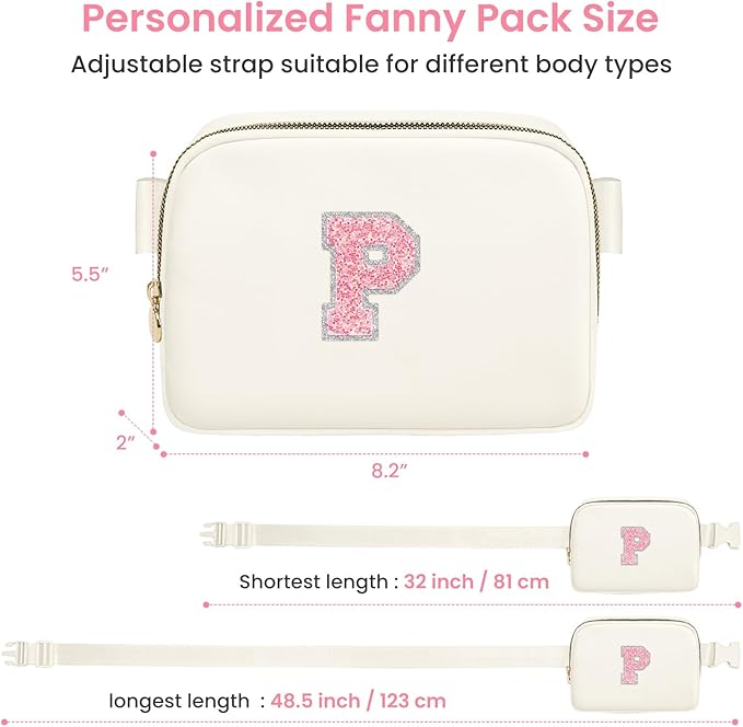 Personalized Belt Bag for Women Girls,Fashion Waist Packs with Adjustable Strap, Fanny Pack Crossbody Bag with Initial Letter Patch, Teen Birthday Gifts for Sister Teenager Tween Preteen (Cream, P)