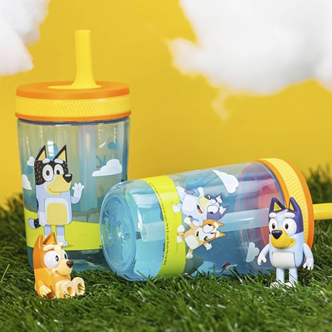 Zak Designs 15oz Bluey Kelso Tumbler Set, Leak-Proof Screw-On Lid with Straw Made of Durable Plastic and Silicone, Perfect Bundle for Kids, 2 Count (Pack of 1)