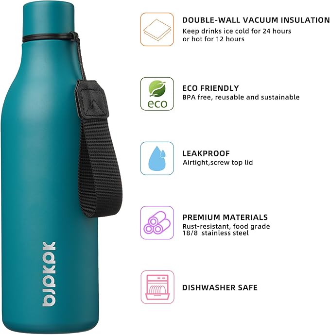 BJPKPK Insulated Water Bottles, 25 oz Stainless Steel Metal Water Bottle with Strap, BPA Free Leak Proof Thermos, Mugs, Flasks, Reusable Water Bottle for Sports & Travel, Lake Blue