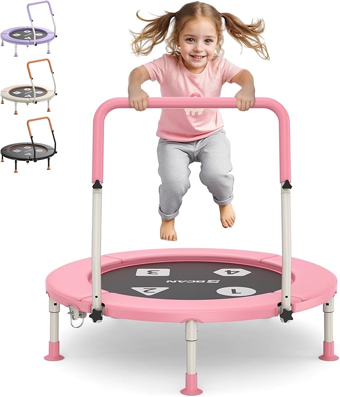 BCAN 36'' Toddler Trampoline, ASTM Certified-Foldable Mini Trampolines for Kids Ages 1-6, Adjustable Handle, Safety Pad & Foldable Legs, Baby Trampoline Indoor/Garden, Gift for Boy and Girl