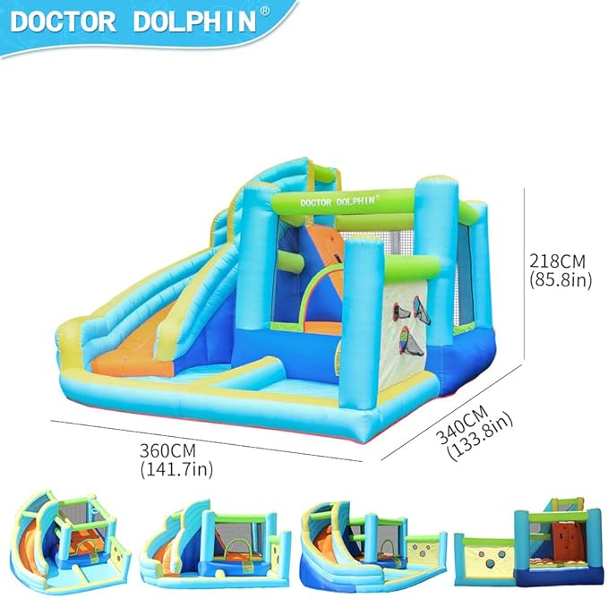 Doctor Dolphin Water Bounce House Inflatable Water Slide Park for Kids Backyard Summer Outdoor Fun with Water Gun Climbing Wall Splash Pool