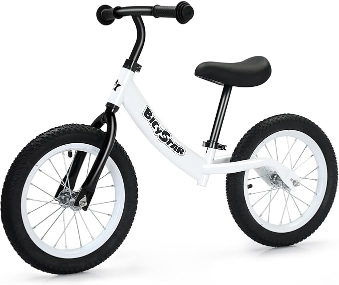 14 Inch Balance Bike for Kids 3-6 Year Old, Bike with No Pedals, Air Rubber Tires, Adjustable Height, Foot Rest, Pedalless Bicycle Boys, Girls (White)