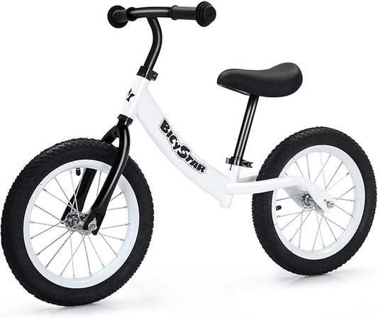 14 Inch Balance Bike for Kids 3-6 Year Old, Bike with No Pedals, Air Rubber Tires, Adjustable Height, Foot Rest, Pedalless Bicycle Boys, Girls (White)