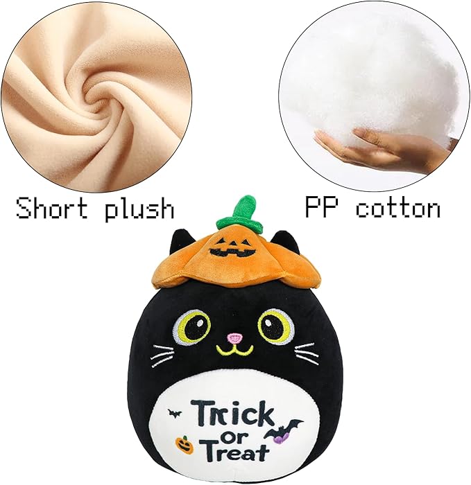 Halloween Stuffed Animal, Halloween Plush Black Cat with Pumpkin Hat, Cute Plushies for Kids Gift