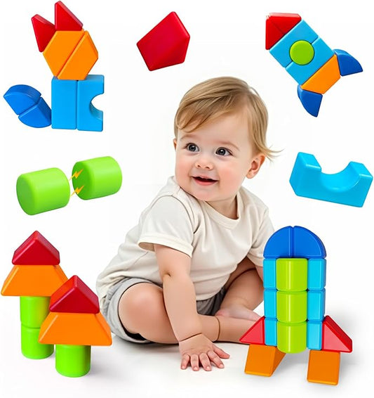 Magnetic Building Blocks, Large Magnetic Blocks for Kids Ages 1-3, 3D Geometric Shapes Stacking Blocks Set, Montessori Sensory Toys for Toddlers, Boys & Girls (12pcs)