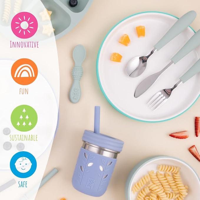 Elk and Friends Kids 7.8” Porcelain White Plates with Silicone Sleeves | Suitable for Babies/Toddlers | Microwave & Dishwasher Safe | Non Slip Dinnerware | Snack Dishes | 2 Pack