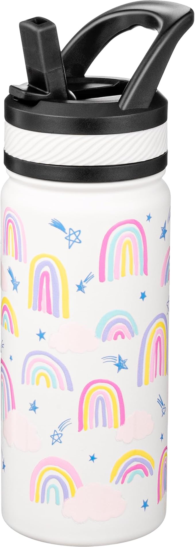 Fanhaw 18 Oz Kids Insulated Water Bottle with Straw - Stainless Steel Double Wall Vacuum Cup, Leakproof, BPA Free, Suitable for Boys and Girls(White - Rainbow Dream)