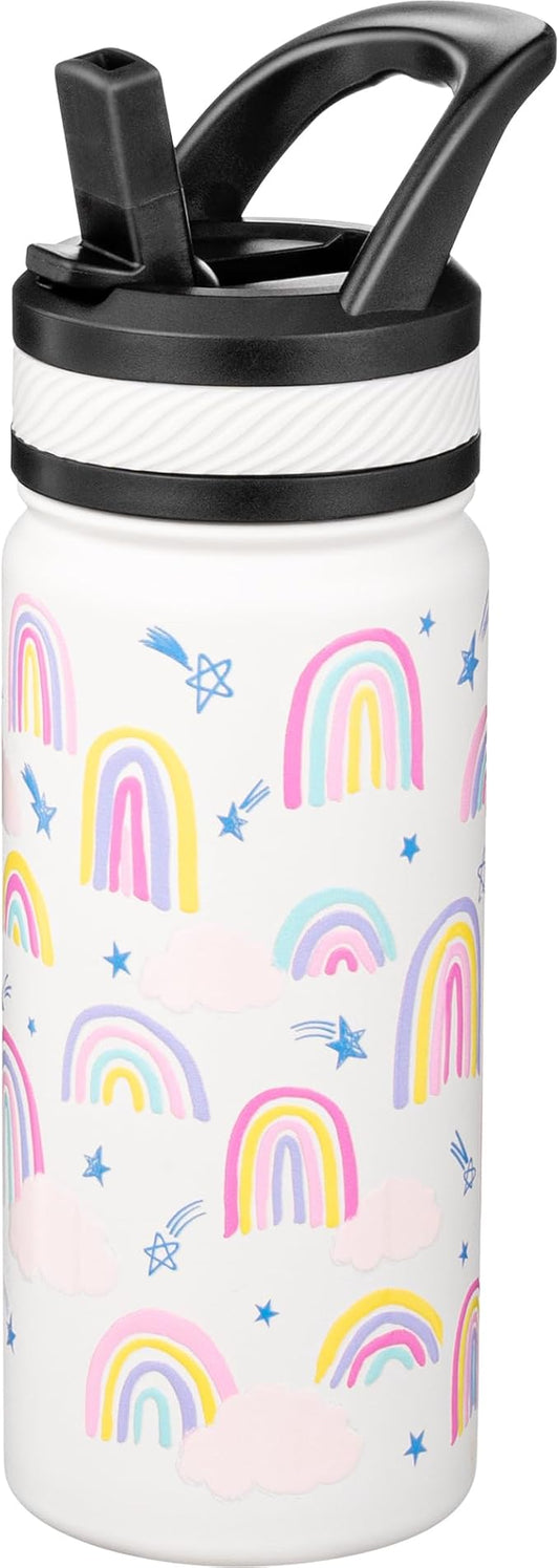 Fanhaw 18 Oz Kids Insulated Water Bottle with Straw - Stainless Steel Double Wall Vacuum Cup, Leakproof, BPA Free, Suitable for Boys and Girls(White - Rainbow Dream)