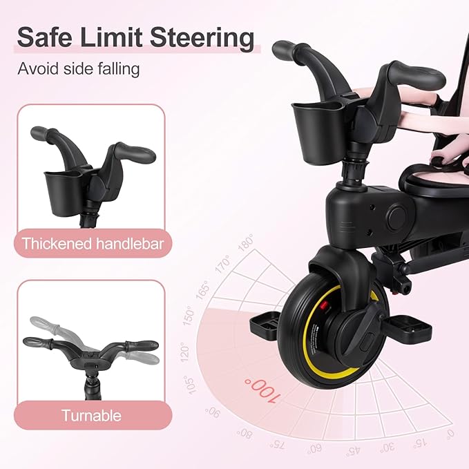 5-in-1 Compact, Foldable Tricycle - Suitable for Toddlers 10 to 36 Months Push Tricycle Bike for Toddlers with Removable Handle Seat Adjustable Canopy for Kids Pink