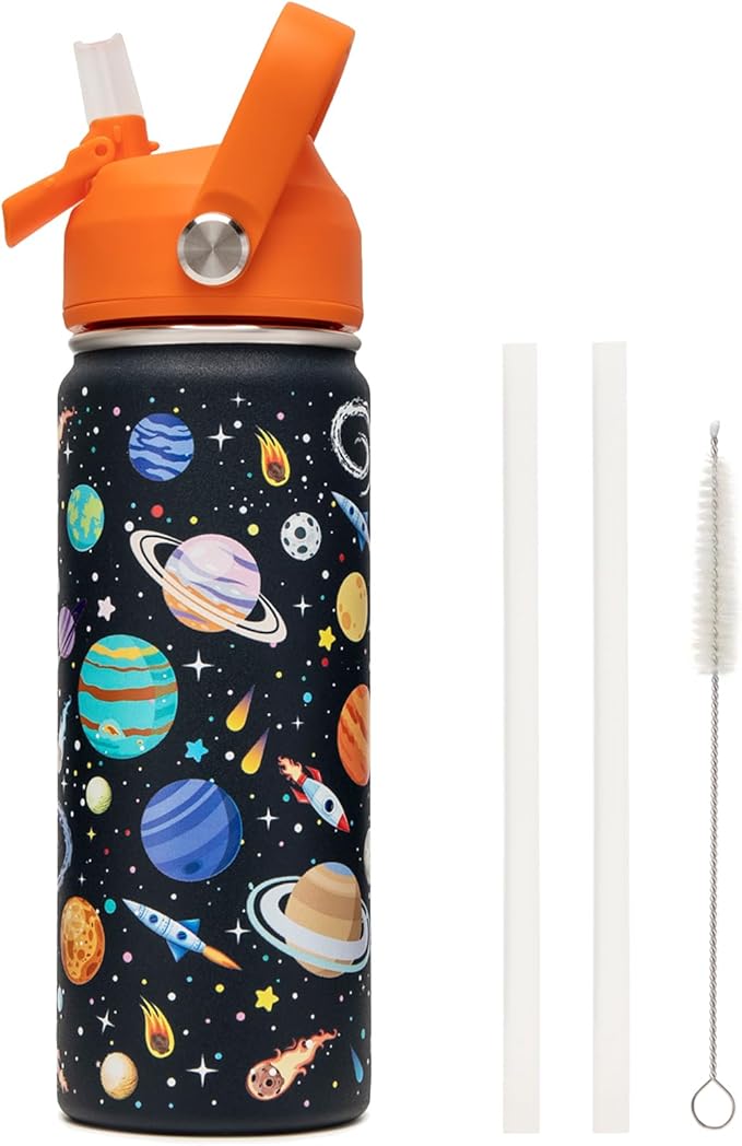 18oz Kids Insulated Water Bottle with Straw Lid - 18/8 Stainless Steel Kid Cup BPA-FREE Travel Tumbler Double Wall Vacuum Leak Proof Portable Toddler Water Bottle (Space)