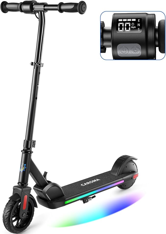 Caroma Electric Scooter for Kids Ages 6-14, 180W/150W Motor & 10 Mph, 85 Mins Ride Time, Adjustable Height & Speed, LED Display & Colorful Lights, Kids Electric Scooter, Best Gifts for Girls and Boy