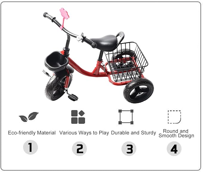 Kids Tricycle for 1-6 Year Olds Ride Fun for Kids, Toddler Tricycle, Pedal Design, Indoor and Outdoor Use, with Storage Basket, for Boys Girls Trike