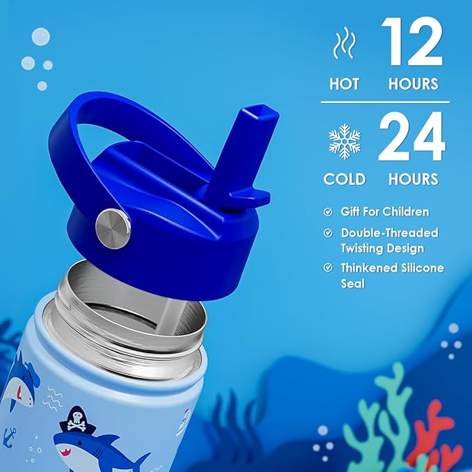 Shark Kids Water Bottle With Straw Lid 12oz Insulated Stainless Steel, Travel Tumbler, Gifts For Boys Girls, Birthday, Christmas, Back To School