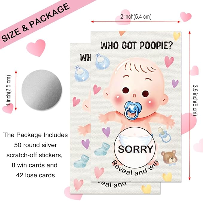 50 Pcs Who Got Poople Themed Scratch off Game Cards, Dirty Diaper Baby Scratch Off Lottery Tickets, Gender Reveal Games Supplies for Birthday Baby Shower Party, Raffle Tickets