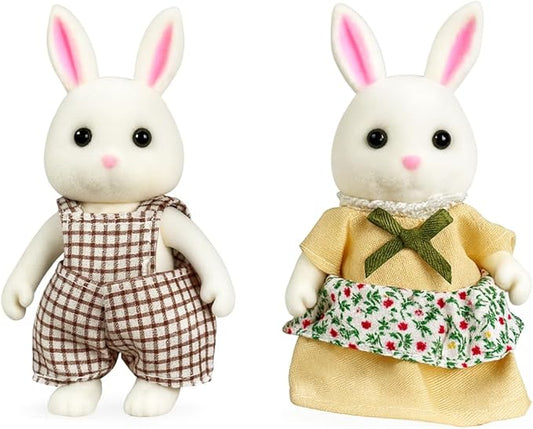 Family White Rabbit Figures — Set of 2 Collectible Flocked Mini Dolls with Removable Clothes, Miniature Dollhouse Pretend Play Figures for Kids Ages 3+