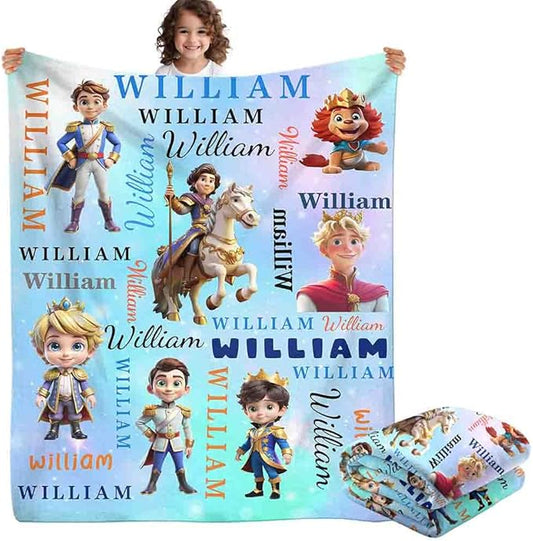 Custom Blanket with Name Personalized Prince Blanket Soft Flannel Throw Blanket for Toddler Kids Boys Birthday Baby Shower