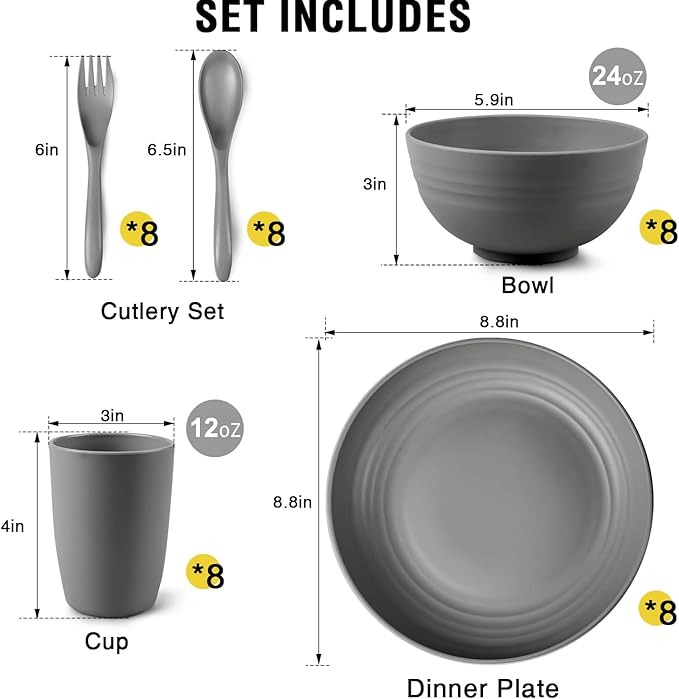 Shopwithgreen Wheat Straw Dinnerware Sets for 8, 40 PCS Unbreakable Plates and Bowls Sets, Reusable Dinner Dishes Set, Bowls, Cups,Plates for Camping, Kitchen, RV, Dorm,Dishwasher Microwave Safe