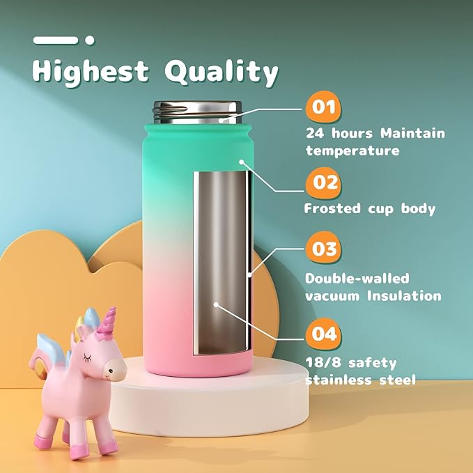 Kids Water Bottle, 16oz Water Bottles Kids with Straw and Stickers, Stainless Steel Vacuum Double Wall Insulated cup, Kids Water Bottle for School, Gifts for Girls(Green)