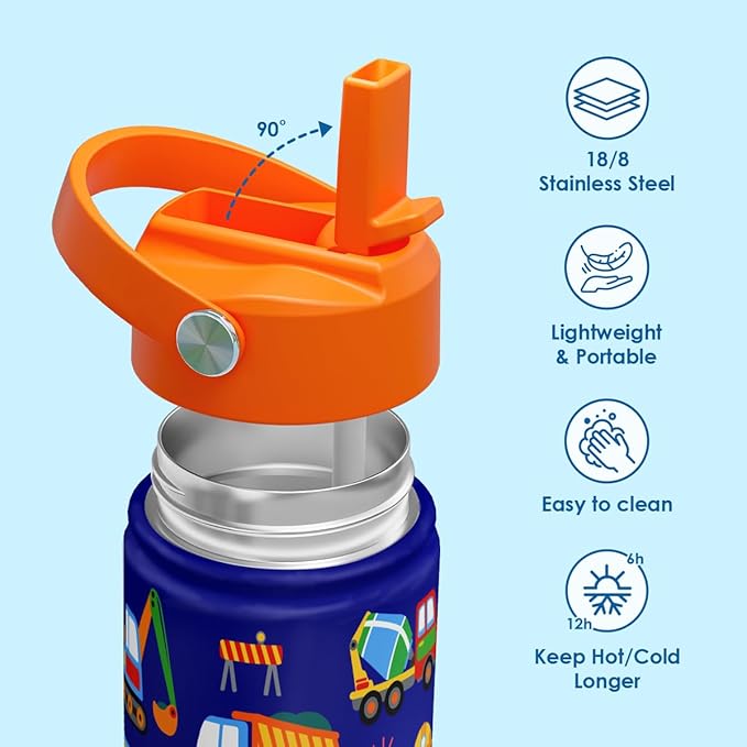 SANDJEST Kids Water Bottle with Straw Lid, Pack of 2 Insulated 12 Oz Stainless Steel Water Bottles for Boys, Travel Cup for School Sports, Construction - Transportation