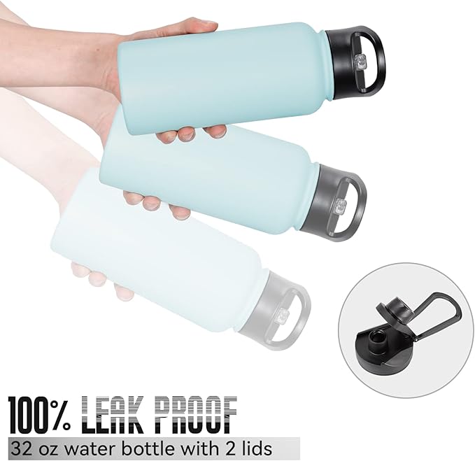 32 oz Insulated Water Bottle Bulk 8 Pack, Stainless Steel Sports Water Bottles with Straw Lid & Wide Mouth Lids, Double Walled Vacuum, Leak Proof, Turquoise Blue