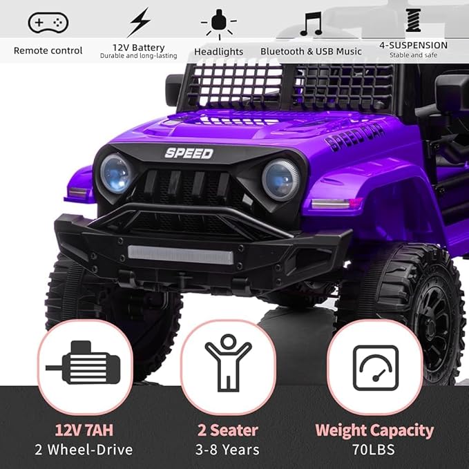 12V Ride On Car, Electric Car for Kids, 12V Ride on Toys, Kids Cars with 3 Speeds Adjustable w/Bluetooth, Parent Remote Control, Spring Suspension, AUX Port-Purple