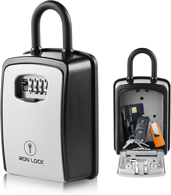 Iron Lock® XXL Portable Key Lock Box and Wall Mounted with Removable U-Shackle Waterproof Indoor Outdoor 4 Digit Combo with Resettable Code with A B Switch Extra Large Key Lockbox Outside (XXL, Grey)