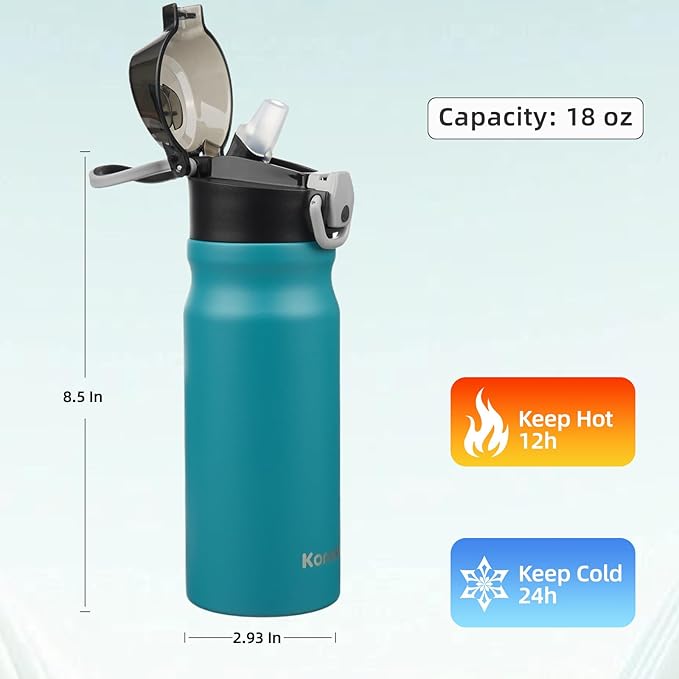 Insulated Water Bottle with Straw and Carry Loop,18 oz Stainless Steel Double Wall Vaccum Metal Water Flask with Leak-proof Lid,Blue