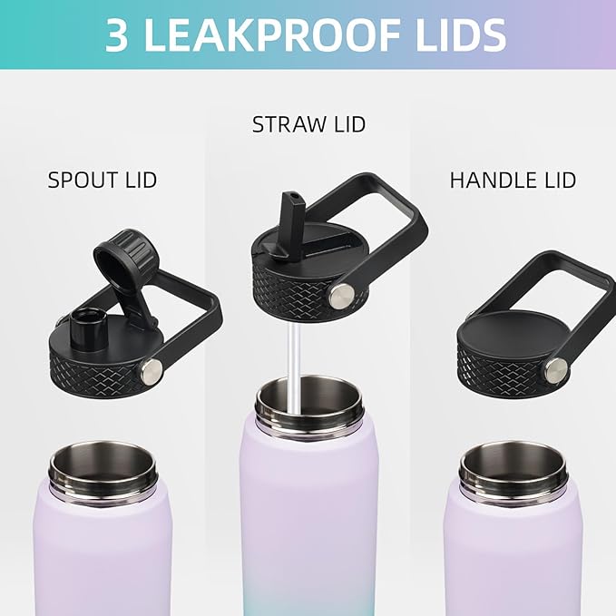 20oz Insulated Stainless Steel Water Bottle with Straw and 3 Lids, BPA-Free Sports Water Bottle,travel water bottle,Oasis
