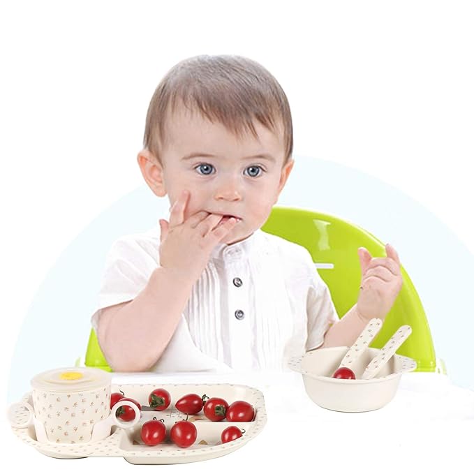 shopwithgreen 7Pcs/Set Bamboo Kids Dinnerware Set - Children Dishes - Food Plate Bowl Cup Spoon Fork Set Dishware, Cartoon Tableware, Dishwasher Safe Kids Healthy Mealtime, BPA Free