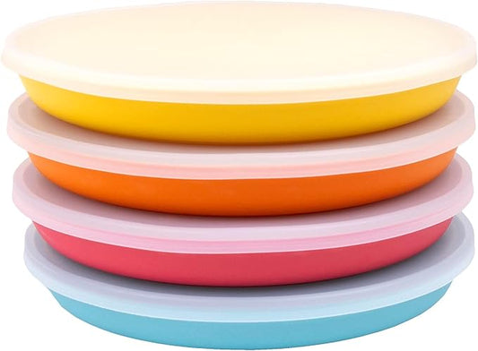WeeSprout Bamboo Plates with Silicone Lids, Set of 4, Kid-Sized Dinnerware, Cereal, Leftovers & Snacks, Dishwasher Safe Melamine Dishware (Blue, Yellow, Orange, and Red)