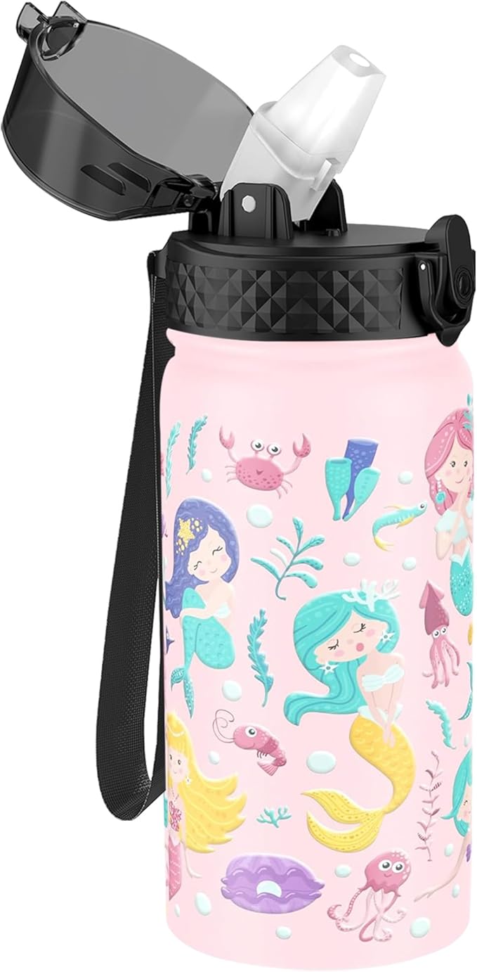 GOPPUS Kids Water Bottle (Straw Lid) - 14 Oz Stainless Steel Travel Bottle, Double Wall Vacuum Leak Proof Kids Cup for School Boys Girls,Happy Mermaids