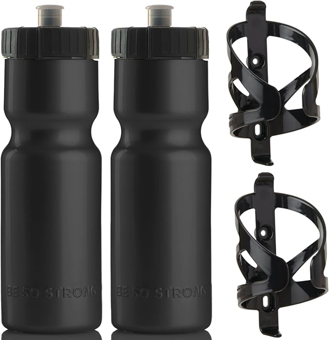 Bike Water Bottle Holder & Bottle Combo – 2-Pack 22 oz Sports Squeeze Bottles with Pull Top Cap & Easy-Install Bike Cage – Made in USA – 50 Strong Brand