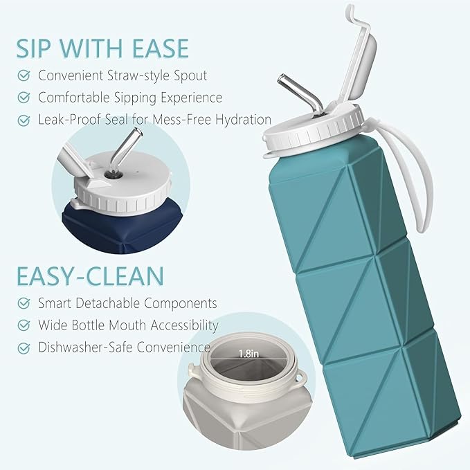 Collapsible Water Bottles 20.6oz 2 Pack, Silicone Foldable Portable Water Bottle, Lightweight Reusable Leakproof for Travel Camping Hiking Cycling Yoga Sports Outdoor (Blue+DarkBlue)