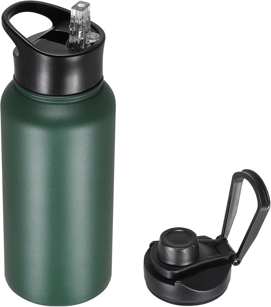 32 oz Insulated Water Bottle with Straw Lid & Wide Mouth Lids, Stainless Steel Sports Water Bottles, Double Walled Vacuum, Leak Proof, Dark Green