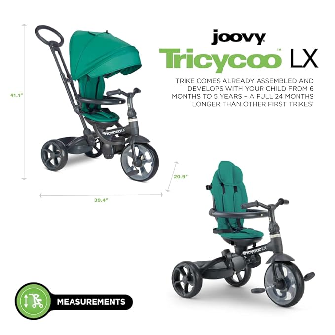 Joovy Tricycoo LX Premium Kids Tricycle with 8 Stages Featuring Chunky Front Tire, Removable and Adjustable Parent Handle, Safety Harness, Machine-Washable Seat Pad, and Retractable Canopy, Pine