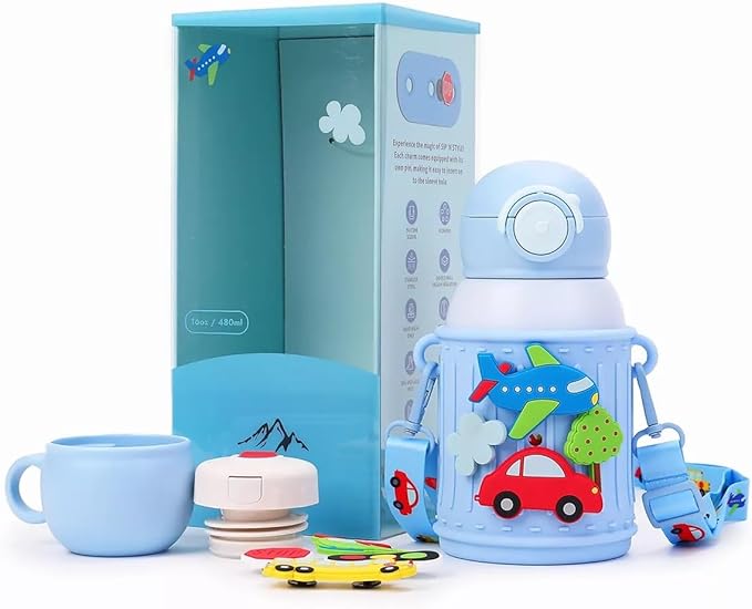 Kids Insulated Tumbler Set – 16 oz Stainless Steel Bottle with 2 Lids (Straw + Pour), Screw-On Cup, Adjustable Strap, Silicone Sleeve + 8 Charms – BPA-Free, Gift-Ready (Car Race)