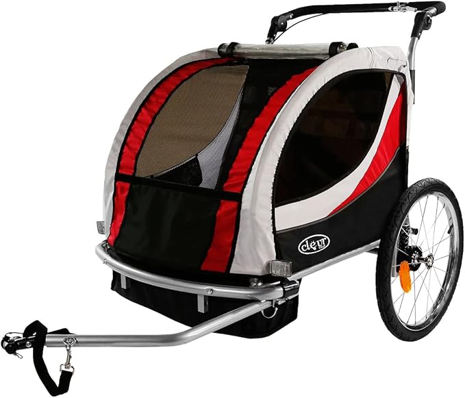 ClevrPlus Deluxe 3-in-1 Double 2 Seat Bicycle Bike Trailer Jogger Stroller for Kids Children | Foldable Collapsible w/Pivot Front Wheel
