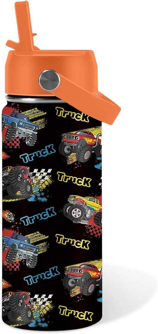 Truck Gifts for Kids - 16 Oz Kids Water Bottle with Straw Lid, Stainless Steel Insulated Tumbler, Leak Proof, BPA-Free, for Girls, School, Travel - Truck Lovers Children Birthday Gifts Cups(1pc)