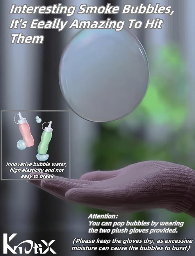 Elastic Smoke Bubble Machine for Kids - Rechargeable Magic Bubble Wand with Lights & Sound, Includes Gloves & Spill-Proof Cup, Safe Bubble Solution, Green & Pink (Green)