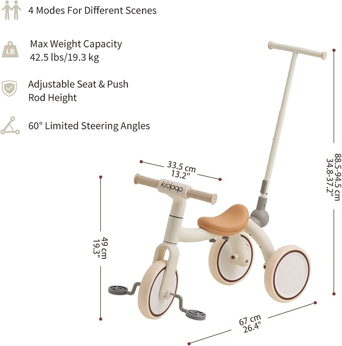 Kidpop Pony 4-in-1 Kids Tricycle Bike Stroller with Handle Push Bike for Toddlers 1-3 Award Winning Balance Bike Best Gift for Toddler (White)