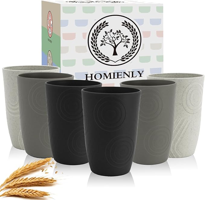 Wheat Straw Cups 6 PCS Plastic Cups Reusable Unbreakable Drinking Cup Dishwasher Safe Water Glasses with Unique Pattern(16 OZ,Black Grey)