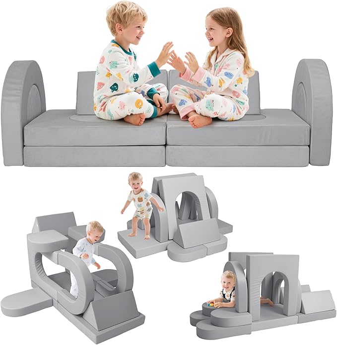 12 Pcs Modular Kids Play Couch, Toddler Couches That Fold Out, Plush Foam Chair for Children’s Playroom, Velvet Fabric Convertible Foam and Floor Cushion for Boys and Girls (Gray,07)