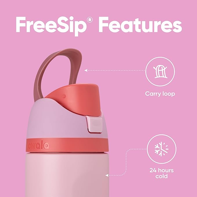 Owala FreeSip Insulated Stainless Steel Water Bottle with Straw for Sports and Travel, BPA-Free Sports Water Bottle, 24 oz, Pink, Angel Food Cake