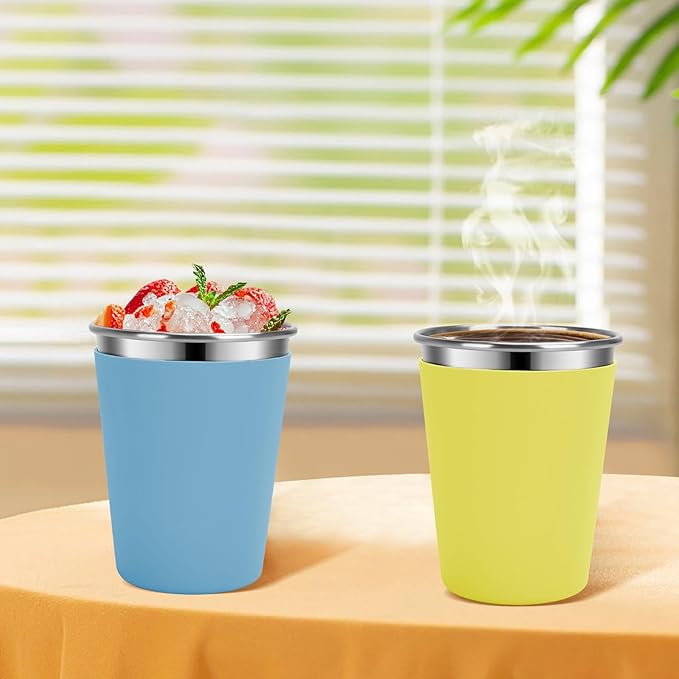 Kids Cups with Straws and Lids Leak Proof, 12oz Sippy Cups for Toddlers 1-3, 2 Pack Spill Proof Cup Stainless Steel Kids Cups with Lids for School, Outdoor (Blue & Yellow)